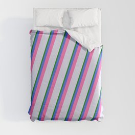 [ Thumbnail: Lavender, Green, Royal Blue & Hot Pink Colored Pattern of Stripes Duvet Cover ]