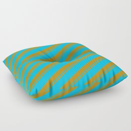 [ Thumbnail: Dark Goldenrod and Deep Sky Blue Colored Striped/Lined Pattern Floor Pillow ]