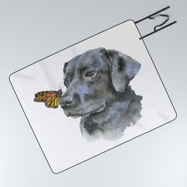 Black Lab with a Monarch Butterfly on His Nose Picnic Blanket