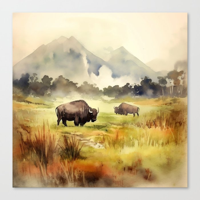 American Bison - Watercolor Landscape Canvas Print
