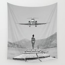 Steady As She Goes; aircraft coming in for an island landing black and white photography- photographs Wall Tapestry