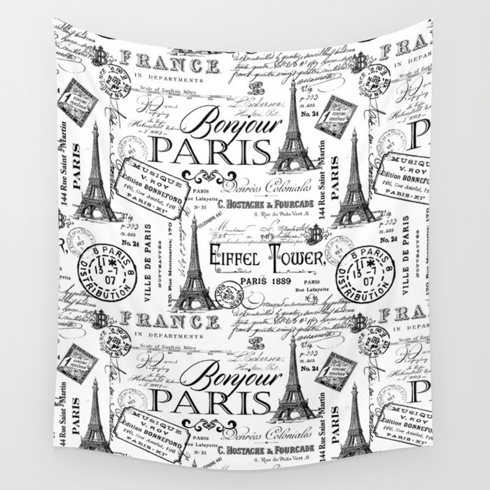 Vintage Paris Black And White Nostalgic Pattern Wall Tapestry