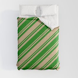 [ Thumbnail: Tan and Green Colored Lined Pattern Comforter ]