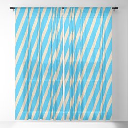 [ Thumbnail: Deep Sky Blue and Tan Colored Striped/Lined Pattern Sheer Curtain ]