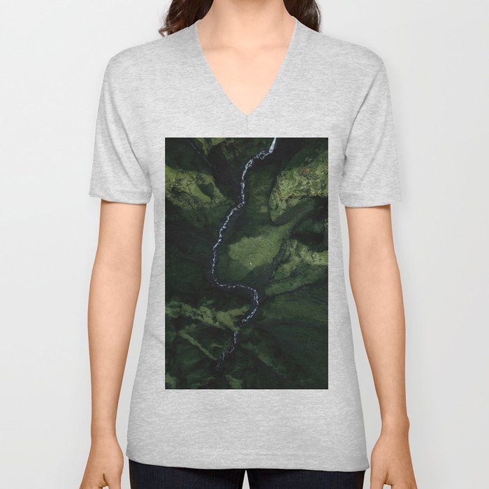 River In A Green Mountain Valley V Neck T Shirt