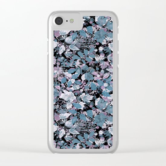 Openwork blue and purple leaves on a black background . Clear iPhone Case