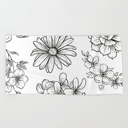 Flower Pattern Black and White Floral Beach Towel