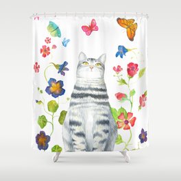 Tabby Cat with Butterflies and Flowers Shower Curtain