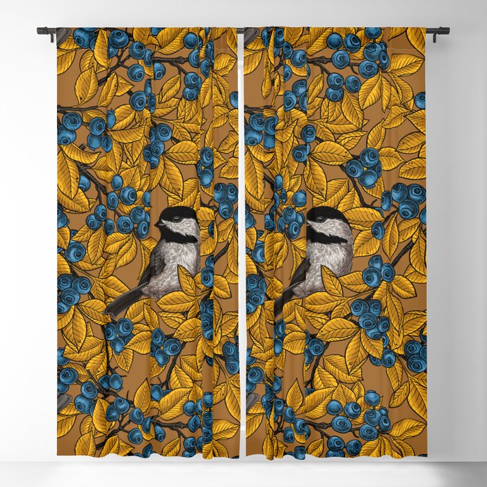 Chickadee birds on blueberry branches Blackout Curtain