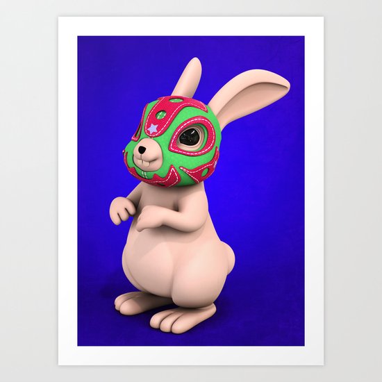 Lucha Rabbit -Grey Brother Art Print