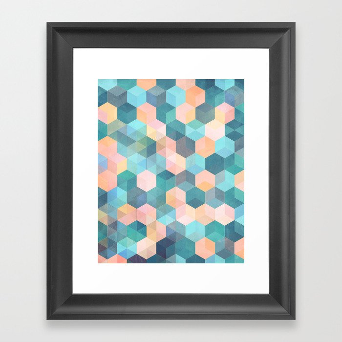 Child's Play 2 - hexagon pattern in soft blue, pink, peach & aqua Framed Art Print