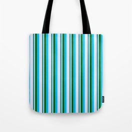 [ Thumbnail: Dark Green, Deep Sky Blue & Lavender Colored Lined/Striped Pattern Tote Bag ]