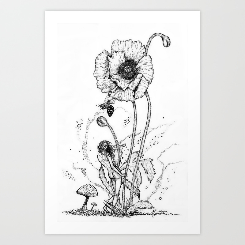 Poppy Fairy In The Garden Original Drawing By Maggie J H Unland Art Print By Wolfwhocriedgirl Society6