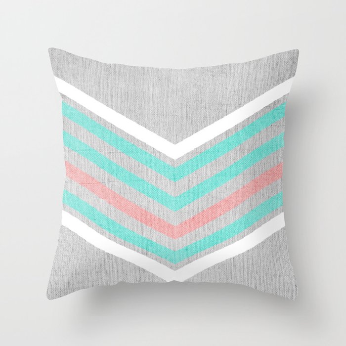 Teal, Pink and White Chevron on Silver Grey Wood Throw Pillow