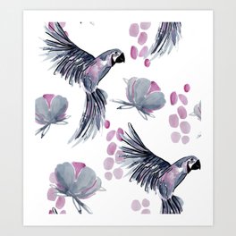 Tropical bird and flowers watercolor blue pink purple pattern Art Print