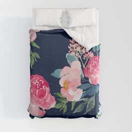 Navy and Pink Watercolor Peony Duvet Cover