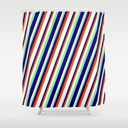 [ Thumbnail: Light Green, Blue, Red & Mint Cream Colored Stripes Pattern Shower Curtain ]
