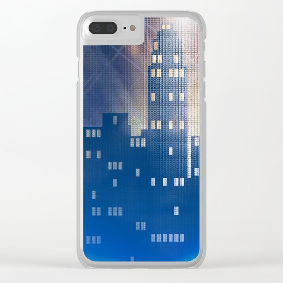 Neon city skyline by night metallic look print Clear iPhone Case