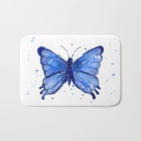 Butterfly Blue Watercolor Animal Painting Bath Mat