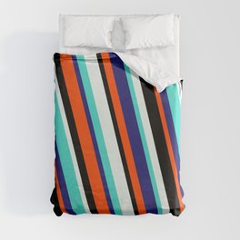 [ Thumbnail: Vibrant Mint Cream, Turquoise, Midnight Blue, Red & Black Colored Lines/Stripes Pattern Duvet Cover ]