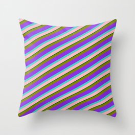 [ Thumbnail: Colorful Green, Purple, Turquoise, Light Pink, and Dark Green Colored Lined/Striped Pattern Throw Pillow ]