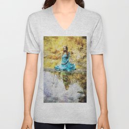 Woman In Gray Long Sleeve Dress Sitting On Rock Near River During Daytime V Neck T Shirt