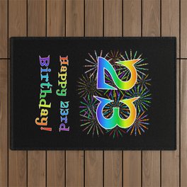 [ Thumbnail: 23rd Birthday - Fun Rainbow Spectrum Gradient Pattern Text, Bursting Fireworks Inspired Background Outdoor Rug ]