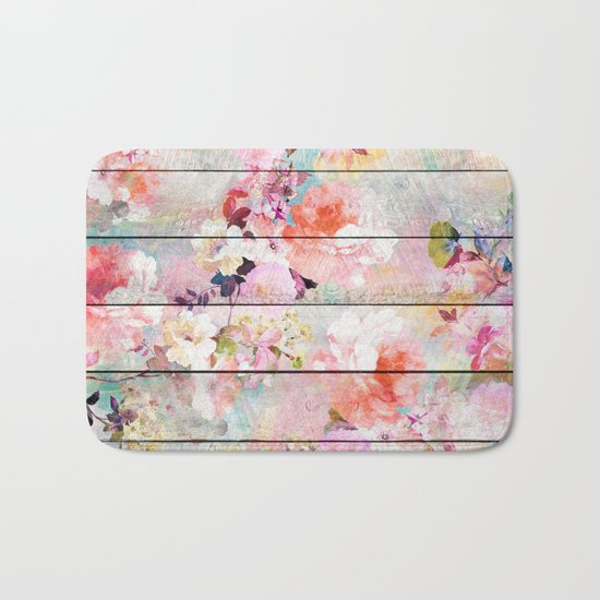 Summer pastel pink purple floral watercolor rustic striped wood pattern Bath Mat