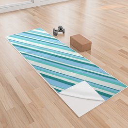 [ Thumbnail: Teal, Light Sky Blue, Turquoise & Mint Cream Colored Striped Pattern Yoga Towel ]