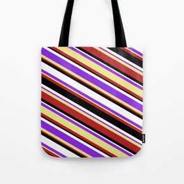 [ Thumbnail: Colorful Purple, Tan, Red, Black & White Colored Stripes Pattern Tote Bag ]