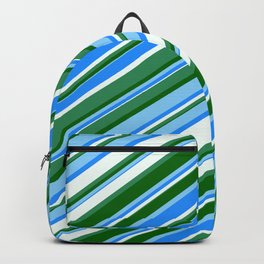 [ Thumbnail: Eye-catching Blue, Mint Cream, Sea Green, Dark Green & Light Sky Blue Colored Lined Pattern Backpack ]