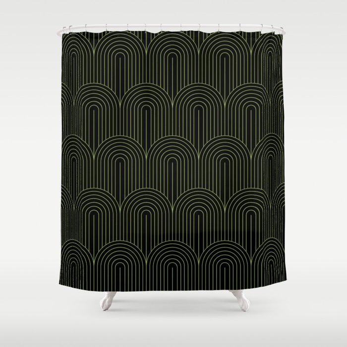 Art Deco Arch Pattern I Black & Neutral Green Shower Curtain