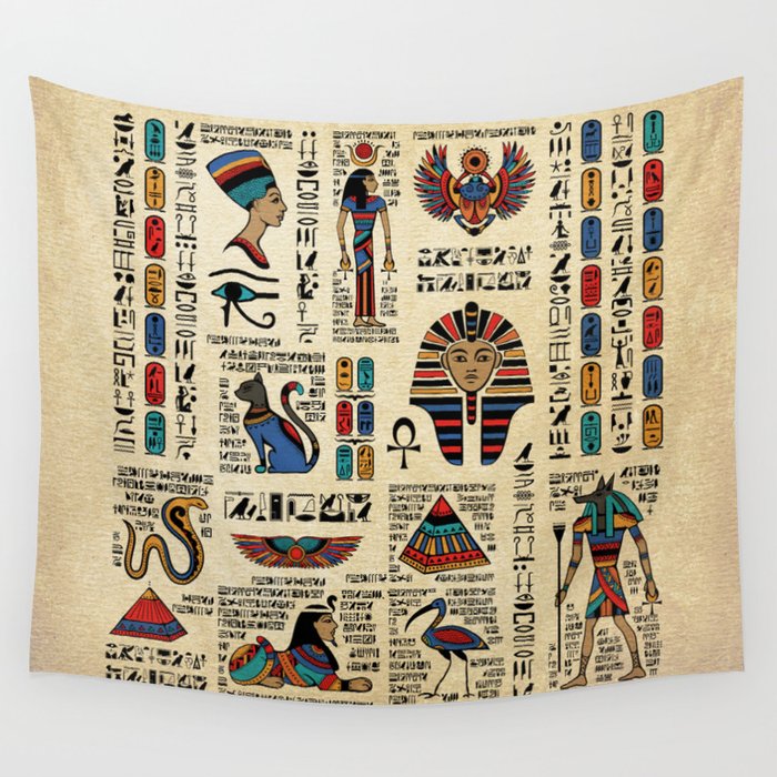 Egyptian hieroglyphs and deities on papyrus Wall Tapestry