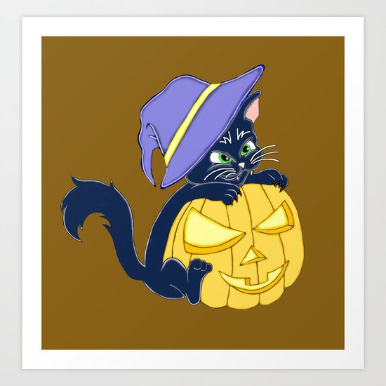 Mischievous Black Cat and Pumpkin Art Print