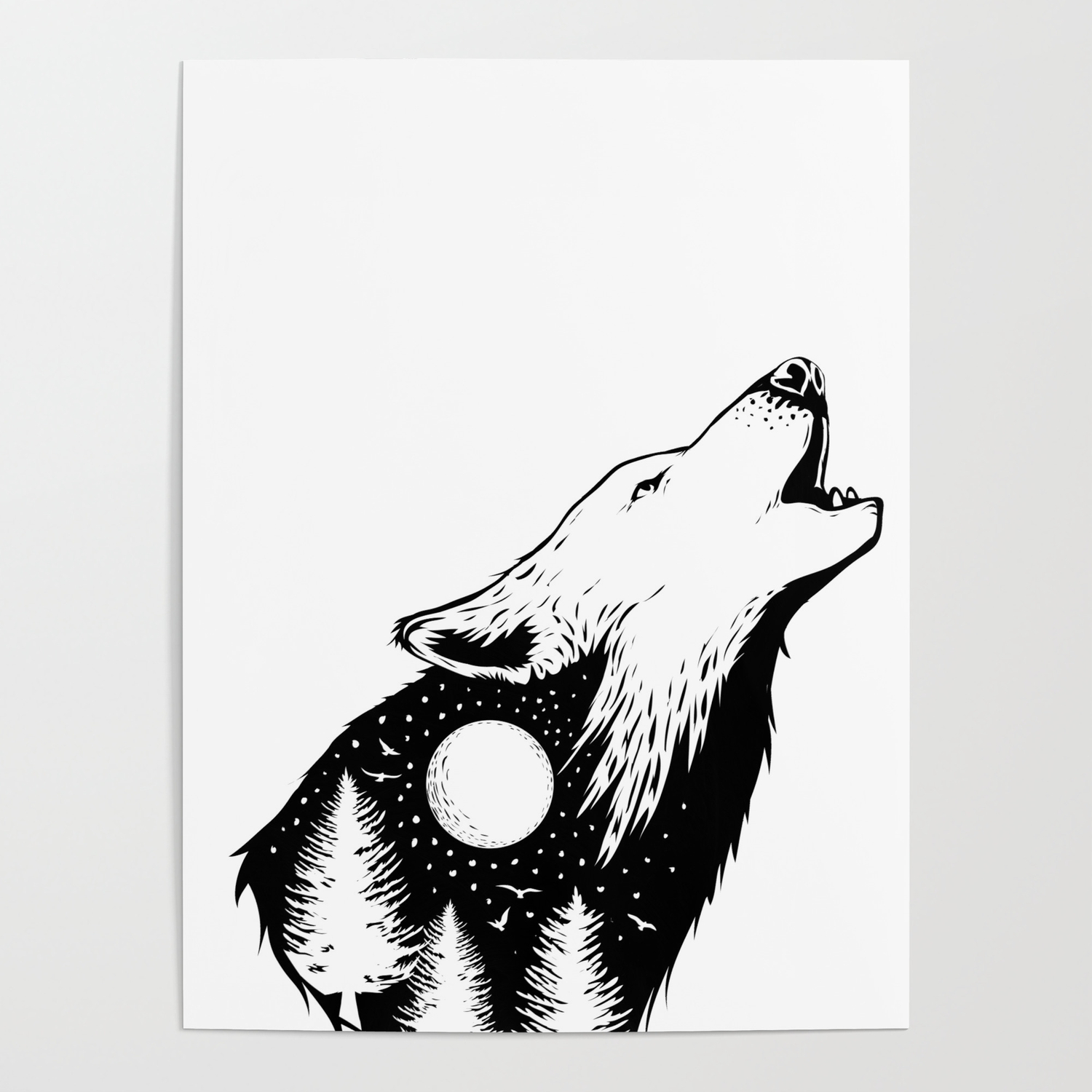 Wolf Howl Black White Giant Poster Art Print 