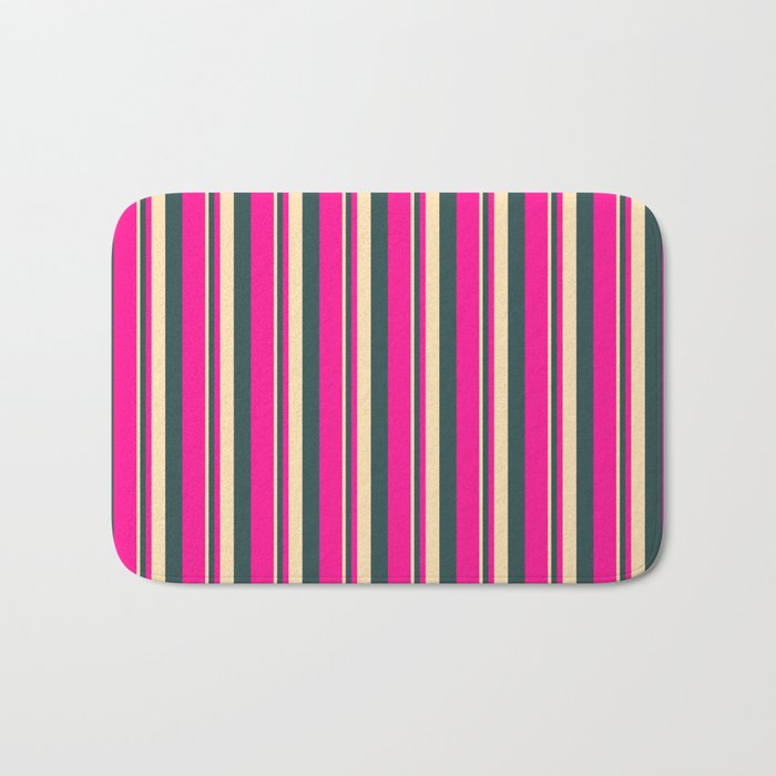 Beige, Dark Slate Gray, and Deep Pink Colored Stripes/Lines Pattern Bath Mat