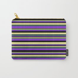 [ Thumbnail: Tan, Dark Slate Gray, Purple, and Black Colored Stripes/Lines Pattern Carry-All Pouch ]