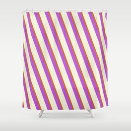 [ Thumbnail: Orchid, Beige, and Chocolate Colored Lines Pattern Shower Curtain ]