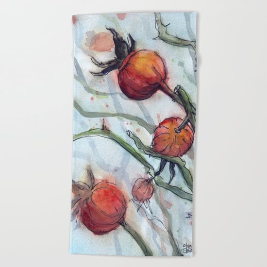 Rose Hips Abstract Watercolor Nature Beach Towel