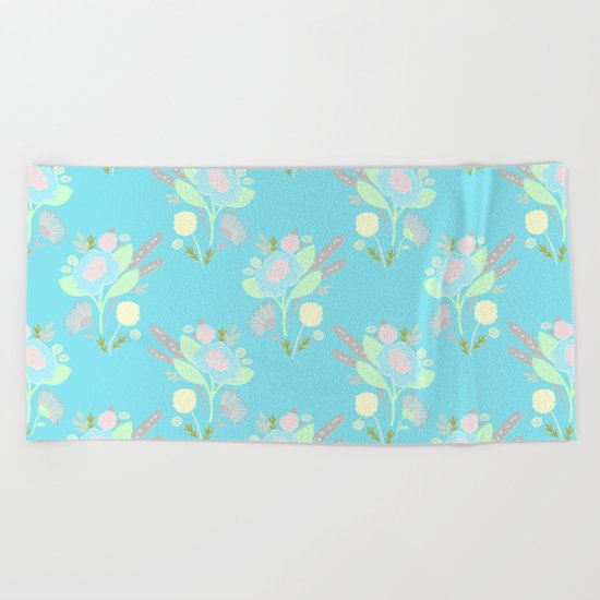 Cute Turquoise Pastel Doodle Flower Pattern Beach Towel