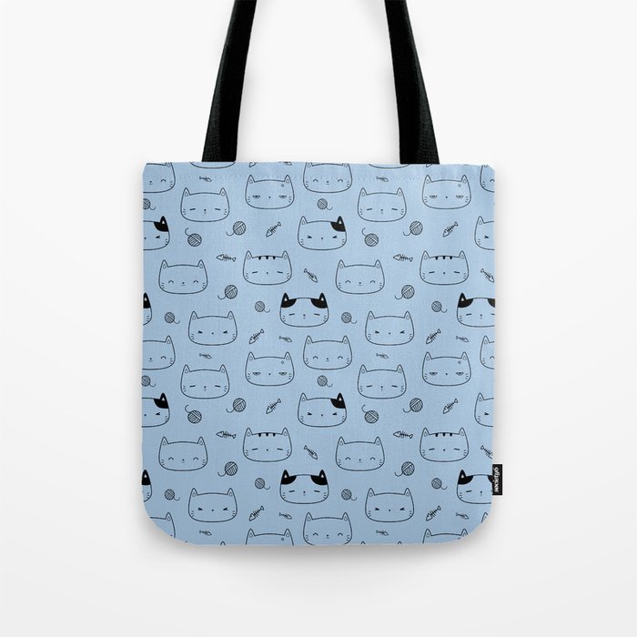 Pale Blue and Black Doodle Kitten Faces Pattern Tote Bag