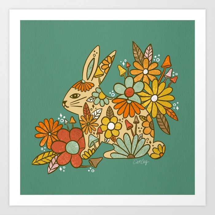 Flower Power Bunny – Mint & Ochre Art Print