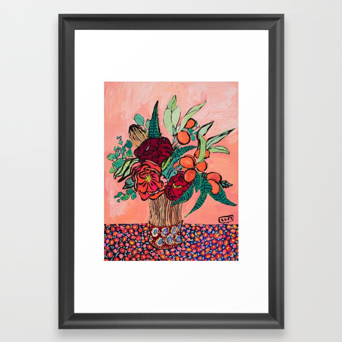 Peony, Banksia, and Citrus Bouquet on Peach Orange Background Painting with Liberty Print Floral Tablecloth Framed Art Print