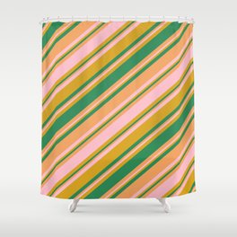 [ Thumbnail: Goldenrod, Sea Green, Brown, and Pink Colored Striped/Lined Pattern Shower Curtain ]