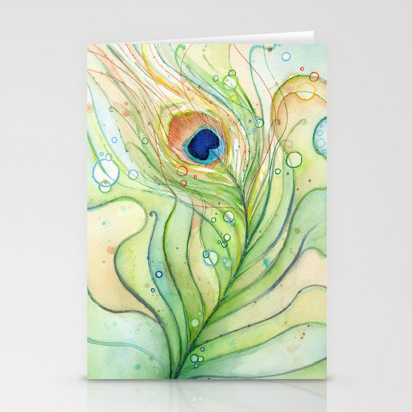 Peacock Feather Green Texture and Bubbles Stationery Cards