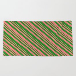 [ Thumbnail: Forest Green & Light Coral Colored Pattern of Stripes Beach Towel ]
