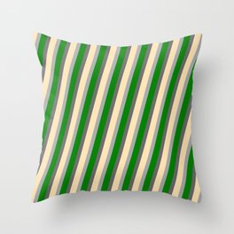 [ Thumbnail: Dim Grey, Beige, Dark Gray, and Green Colored Lines/Stripes Pattern Throw Pillow ]