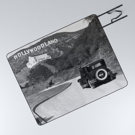 Old Hollywood sign Hollywoodland black and white photograph Picnic Blanket