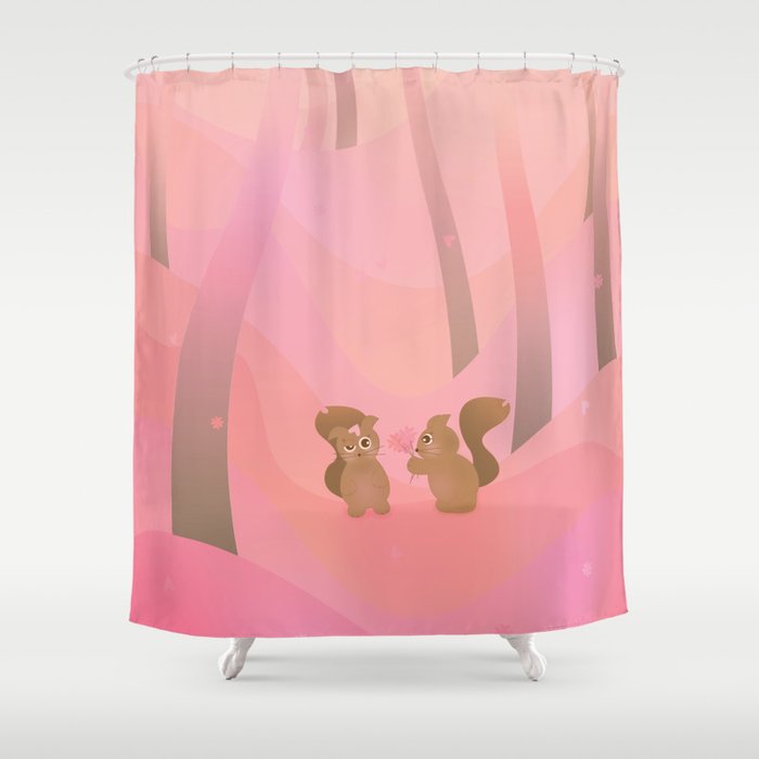 Be My Valentine (Cartoon Squirrels, Coral Pink Spring Forest) Shower Curtain