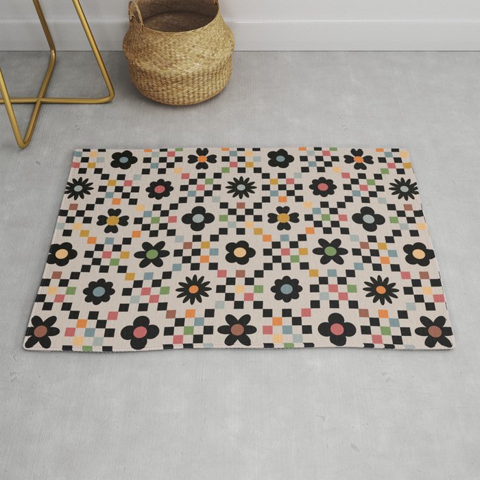 Ivory creama multi floral mosaic checker pattern Rug